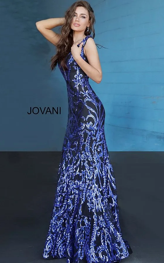 Jovani 63349 Blk/Royal sz 2 Sequin Mermaid Prom Dress Long Fitted Pageant off the shoulder