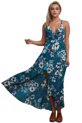 JuliaFashion - 2024Slate Blue Floral Chiffon Spaghetti Straps Maxi Dress