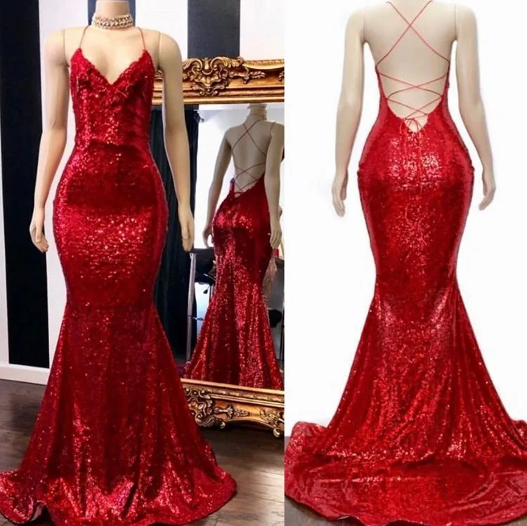 kamahe Long Sequin Red Prom Dresses Mermaid Sleeveless Evening Gown