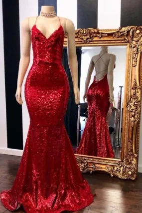 kamahe Long Sequin Red Prom Dresses Mermaid Sleeveless Evening Gown