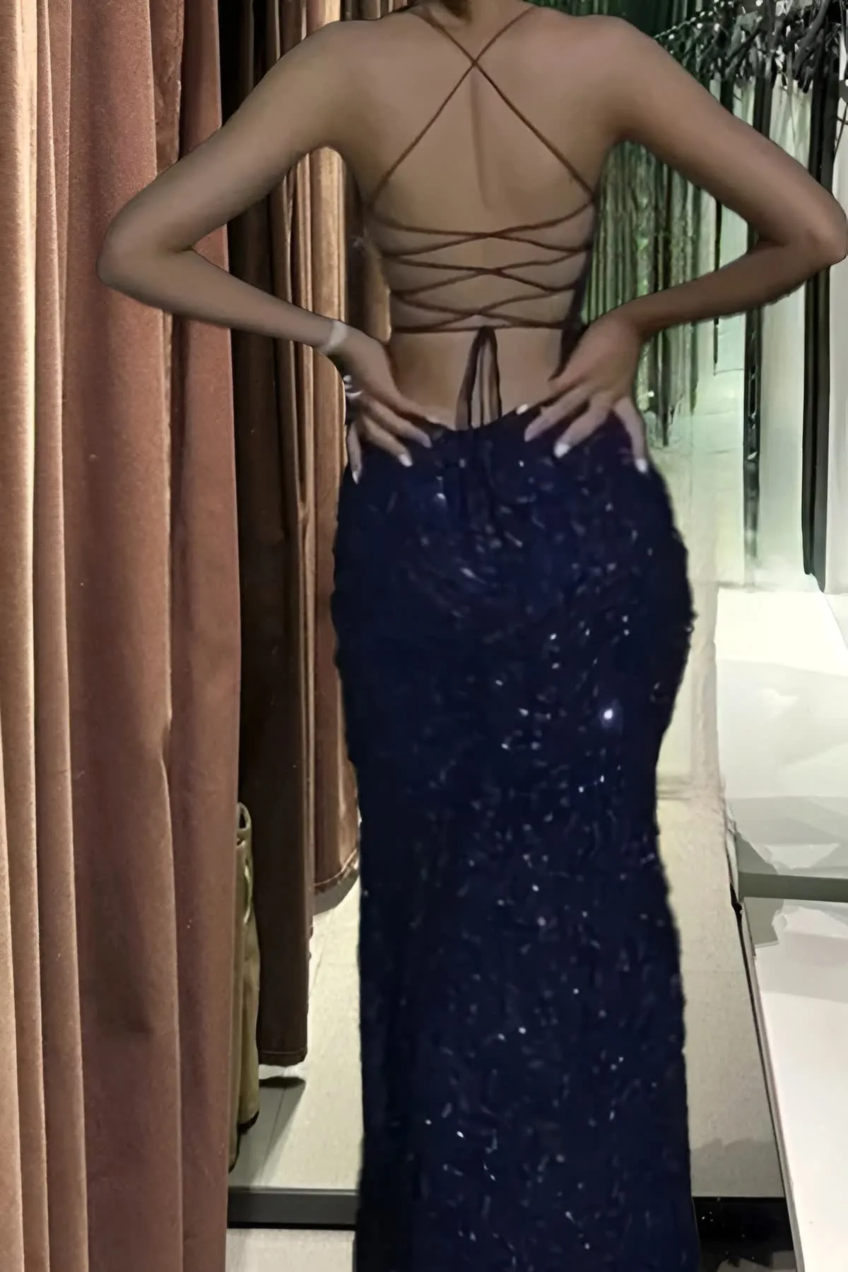 kamahe Navy Blue Sequin Long Prom Dresses Mermaid Cross Back Evening Party Dresses