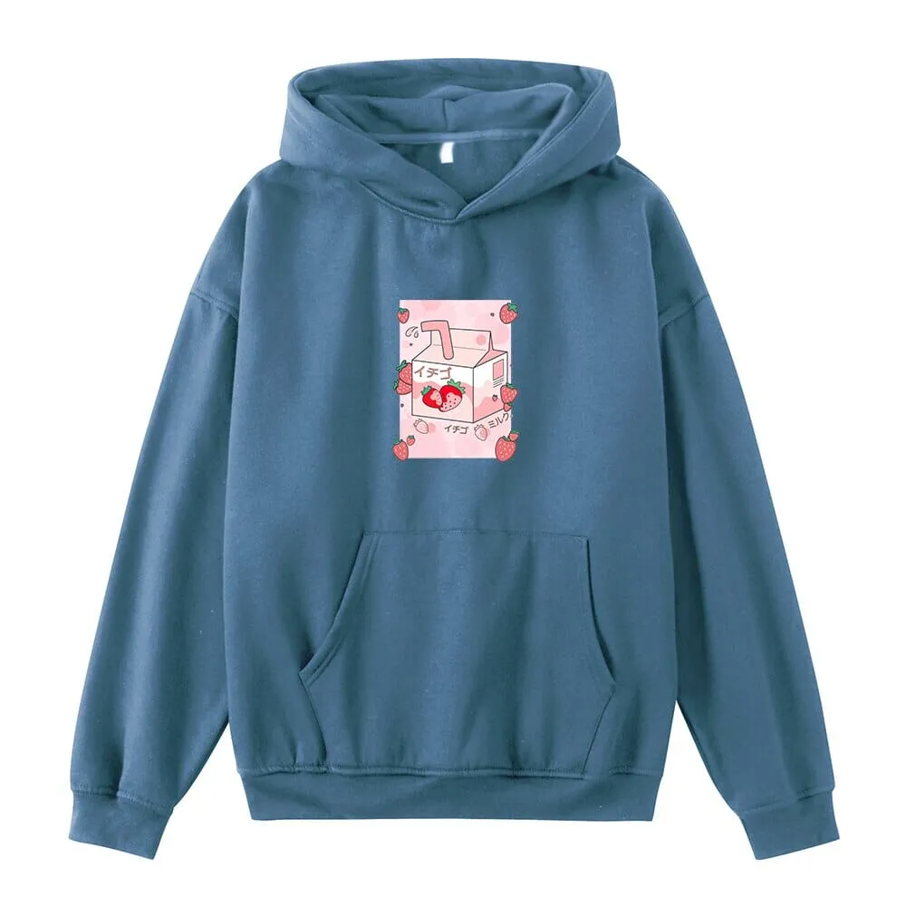 Kawaii Strawberry Milk Box Oversized Soft Hoodies