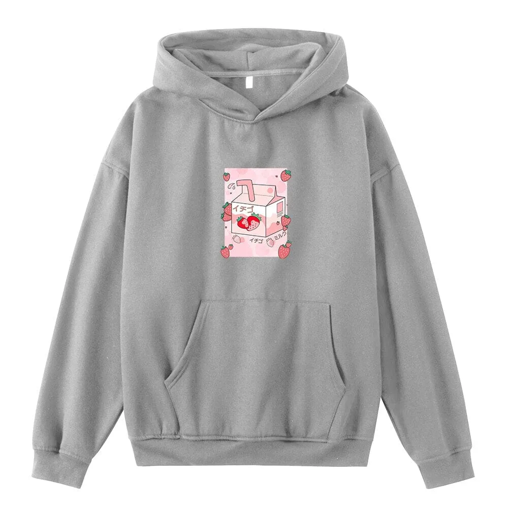 Kawaii Strawberry Milk Box Oversized Soft Hoodies