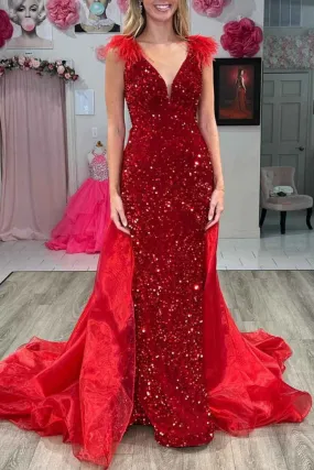 Lilianna | V-Neck Red Sequin Feathers Long Prom Dress with Cape