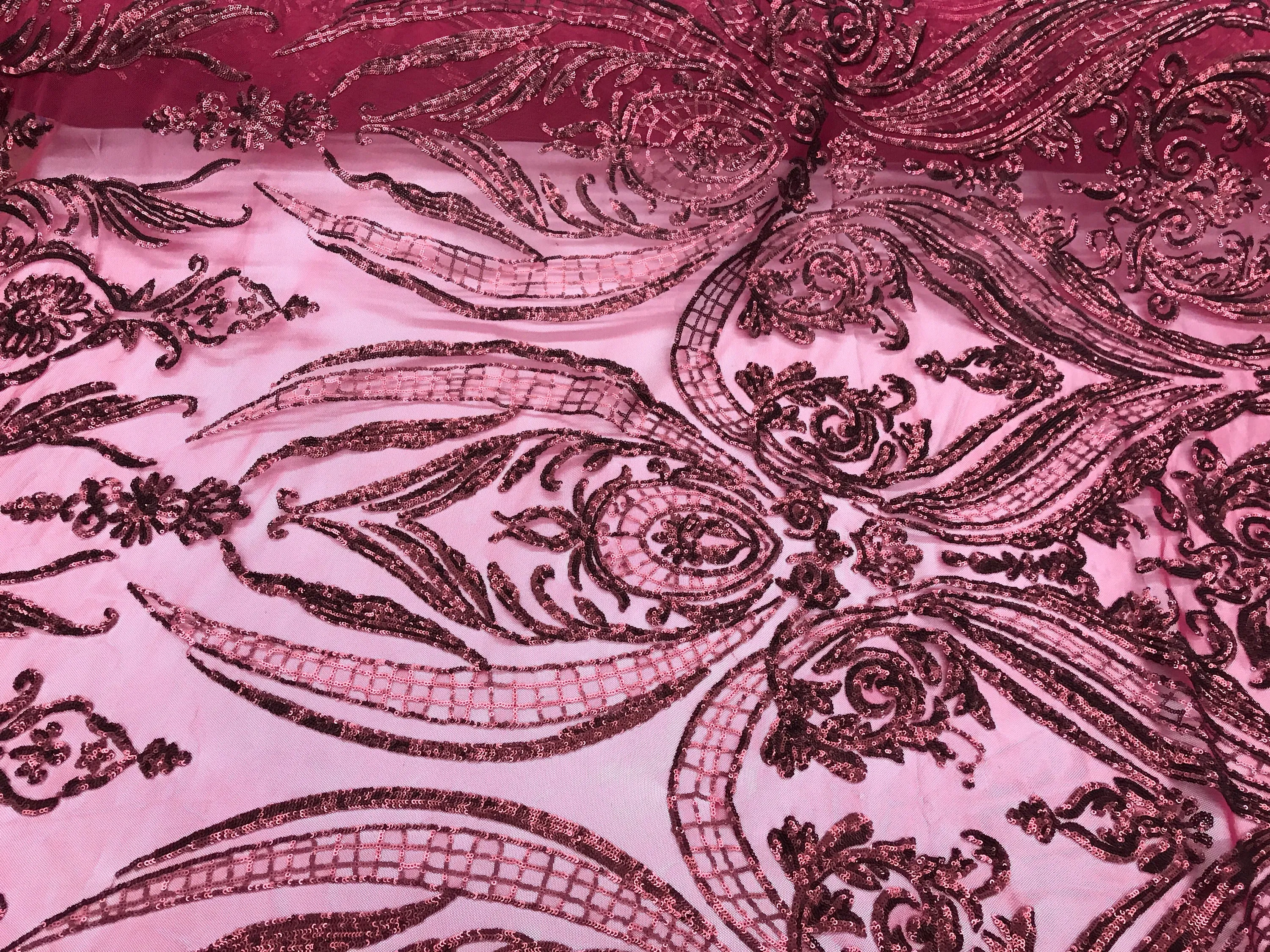 Matt burgundy empire design with sequins embroider on a 2 way stretch mesh fabric-sold by the yard