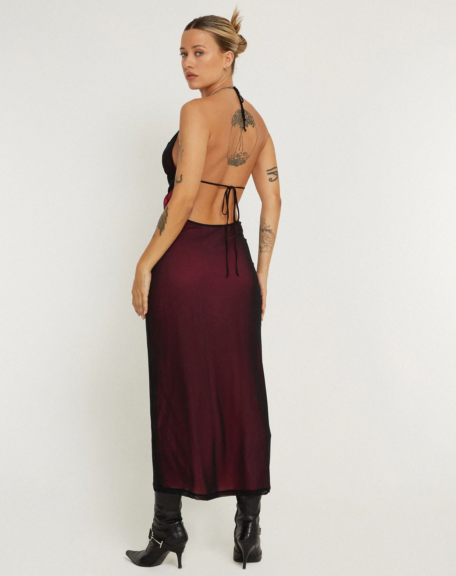 Mayra Maxi Dress in Black with Magenta Lining