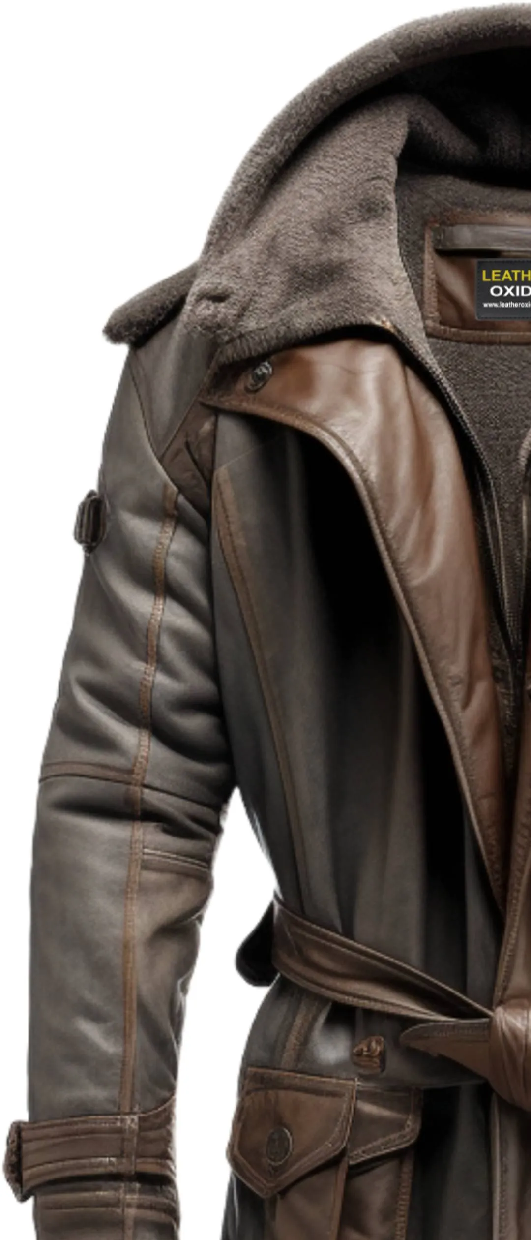 Men Dark Brown Leather Hooded Coat