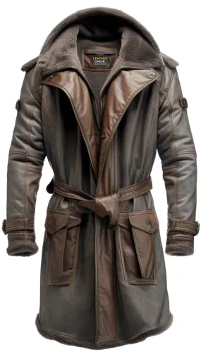 Men Dark Brown Leather Hooded Coat