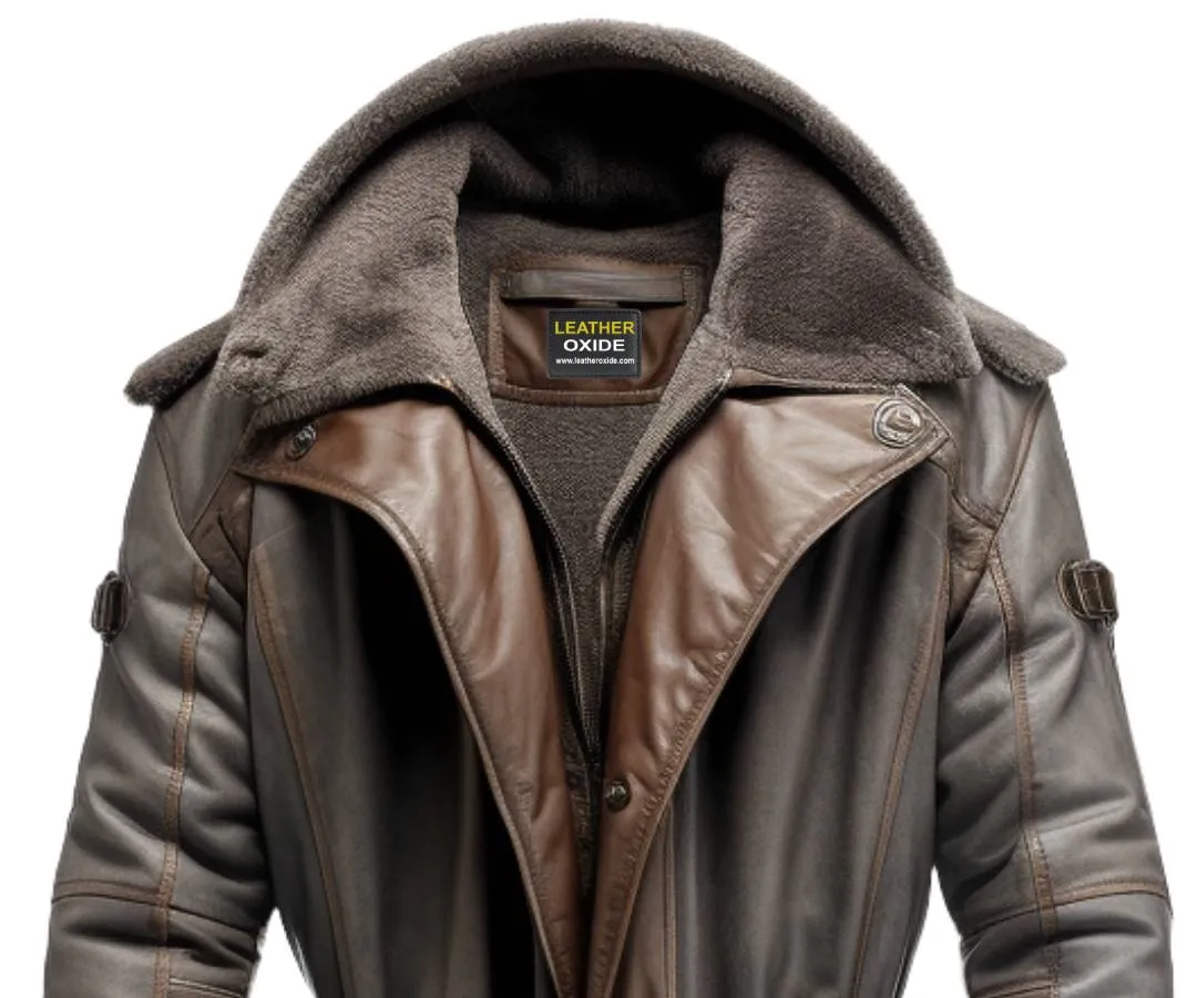 Men Dark Brown Leather Hooded Coat