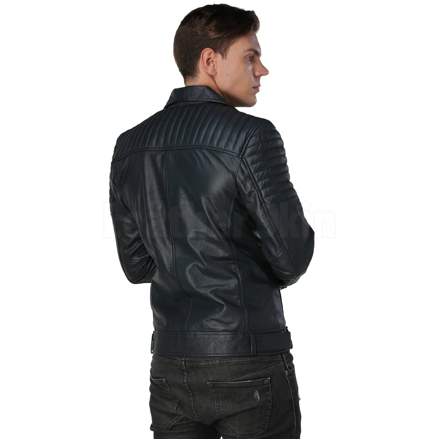 Men Navy Blue Biker Leather Jacket