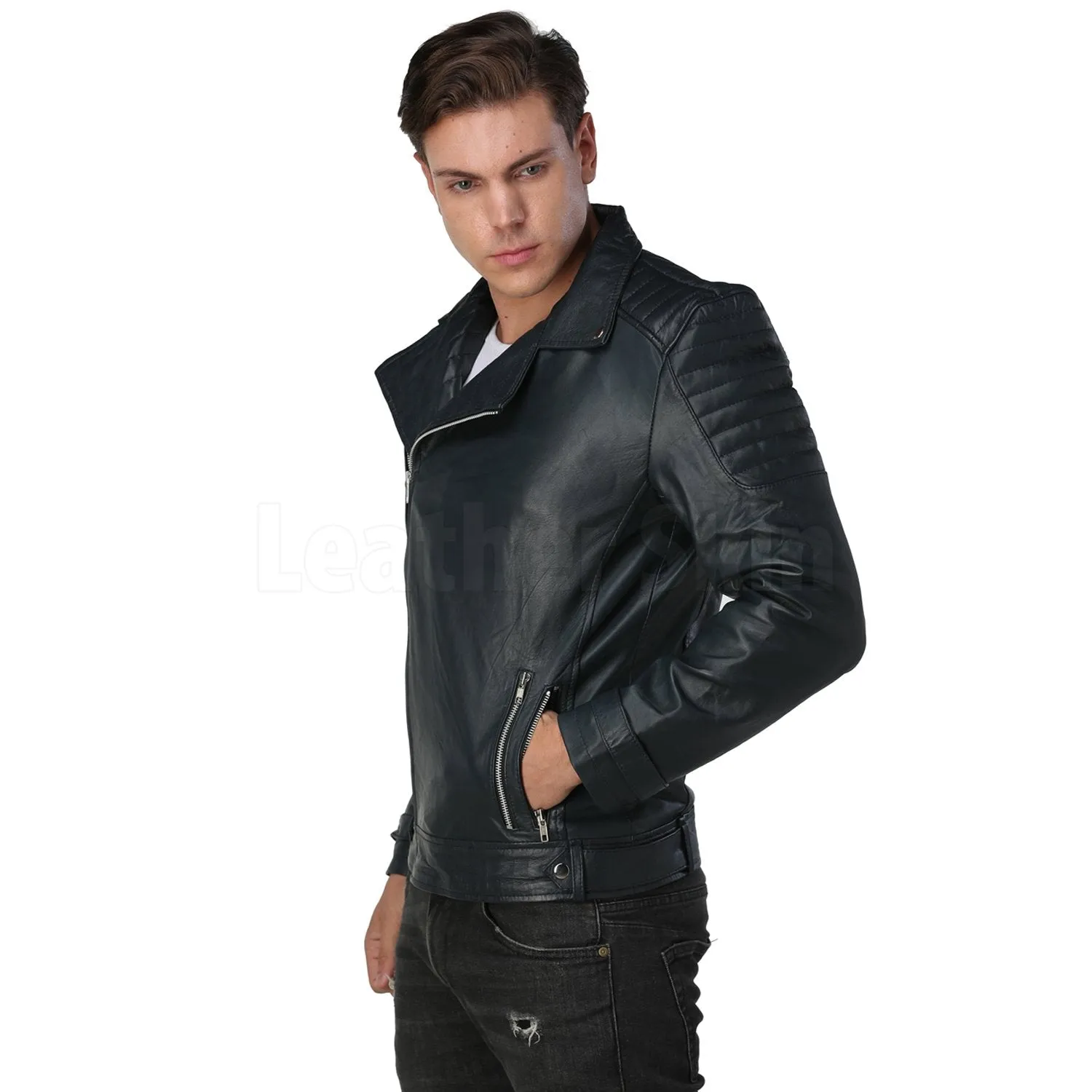 Men Navy Blue Biker Leather Jacket