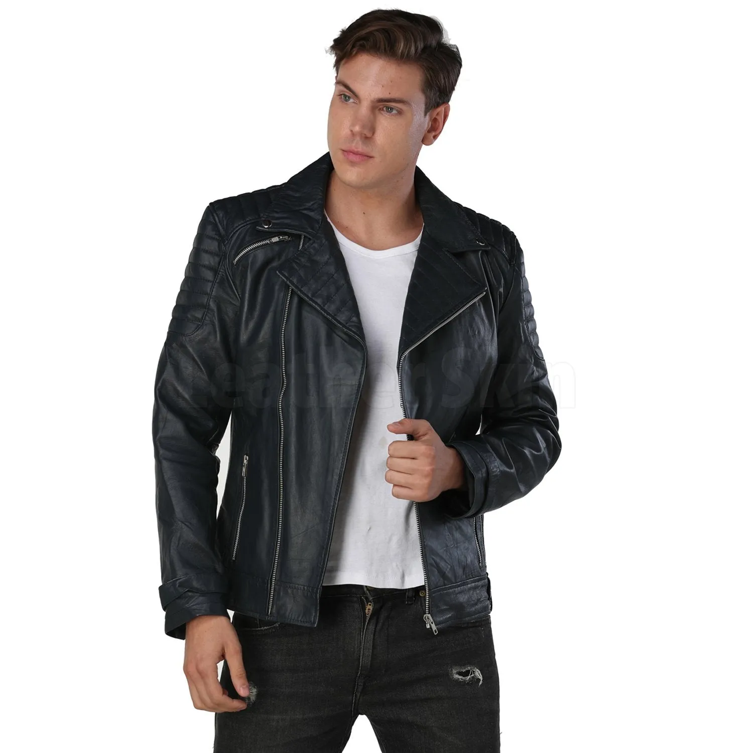 Men Navy Blue Biker Leather Jacket