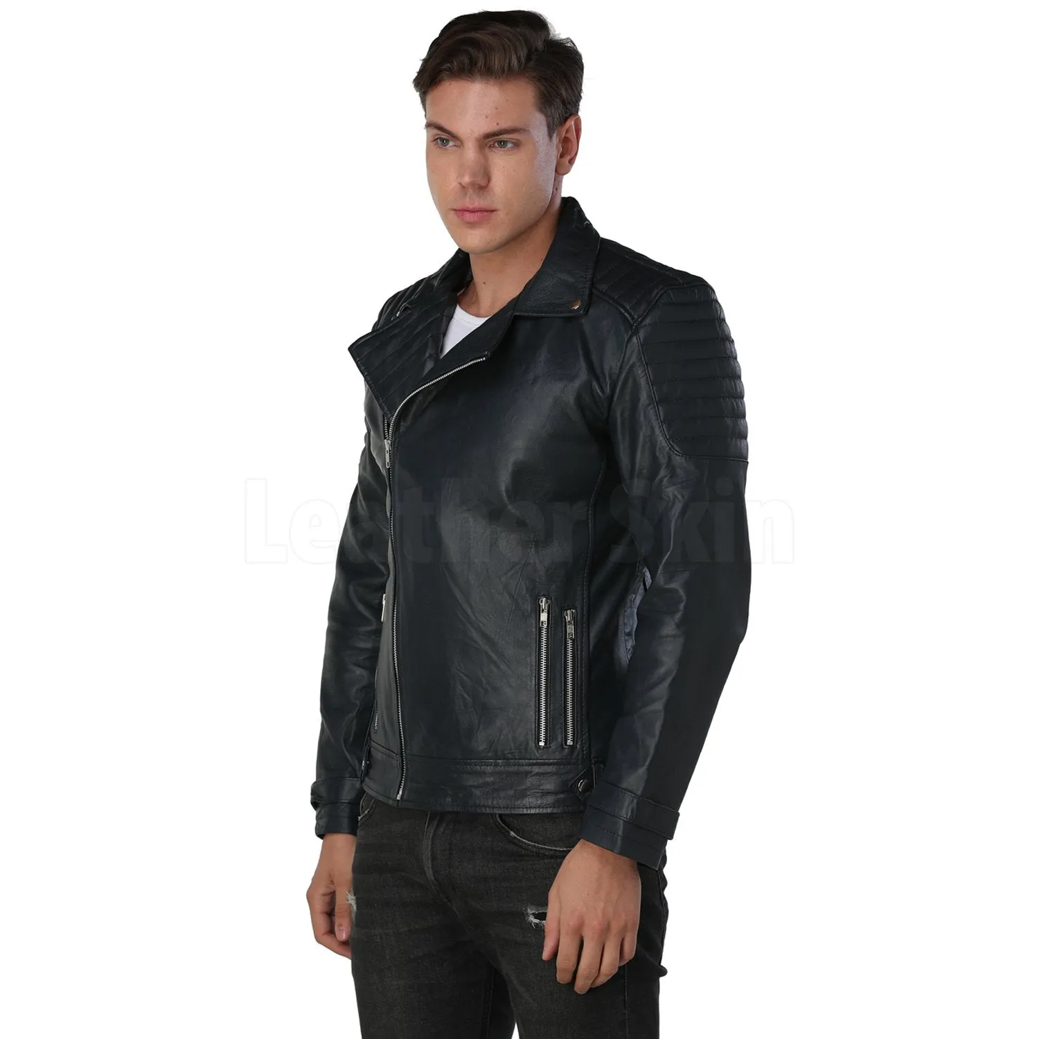 Men Navy Blue Biker Leather Jacket