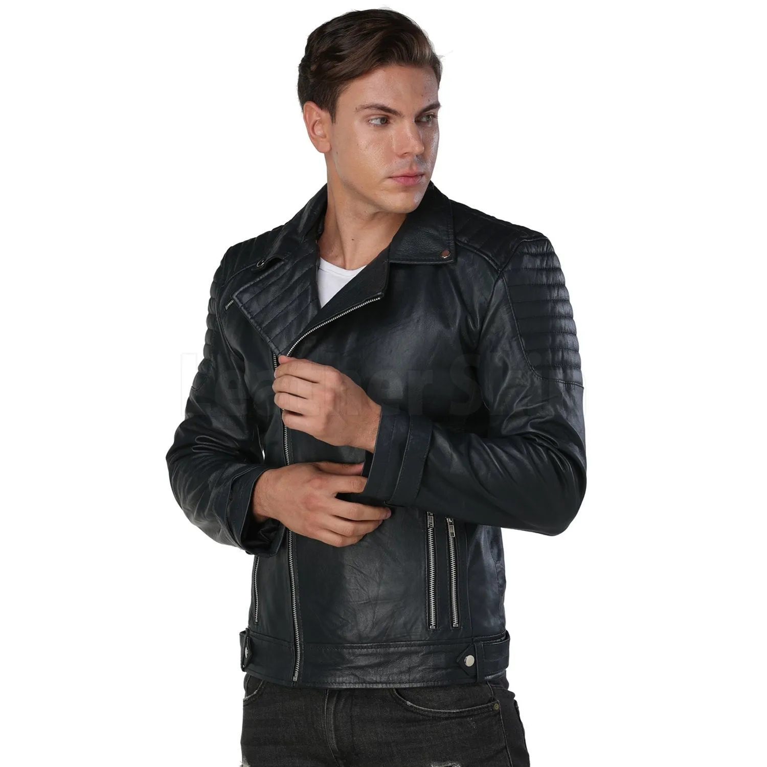 Men Navy Blue Biker Leather Jacket