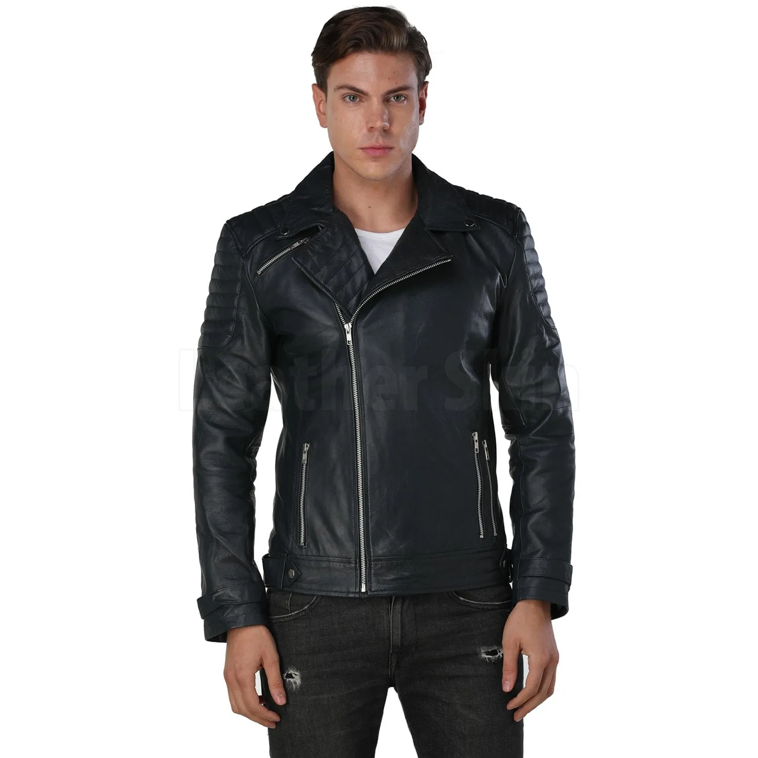 Men Navy Blue Biker Leather Jacket