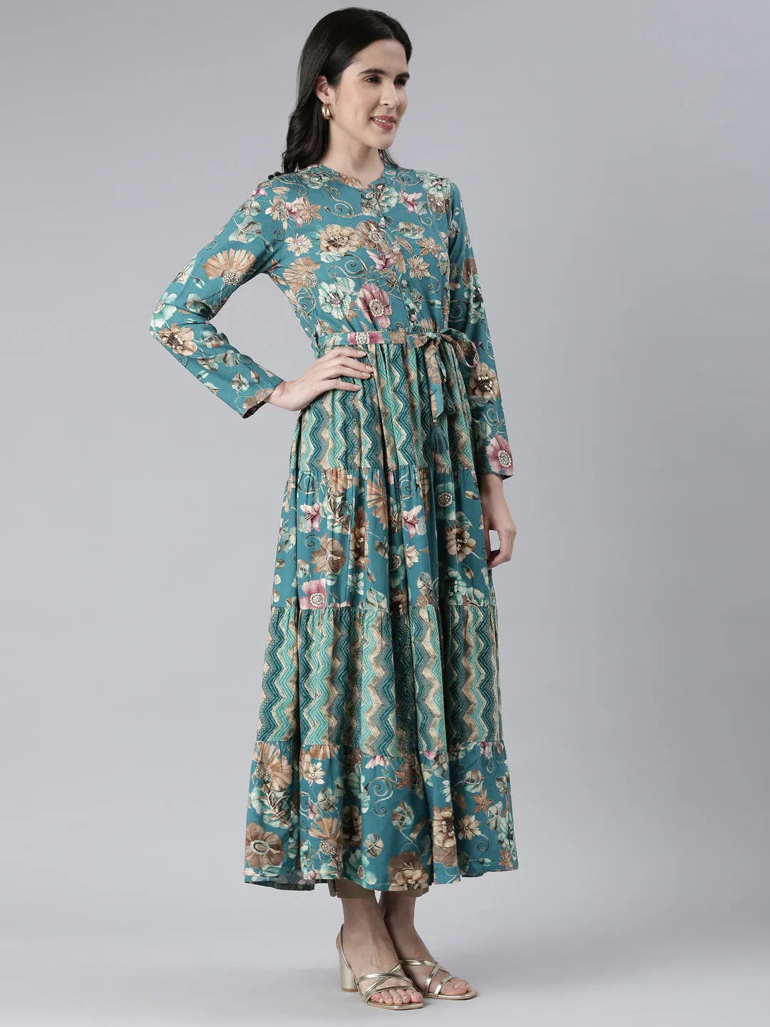 Neeru's Green Maxi Casual Printed Dresses