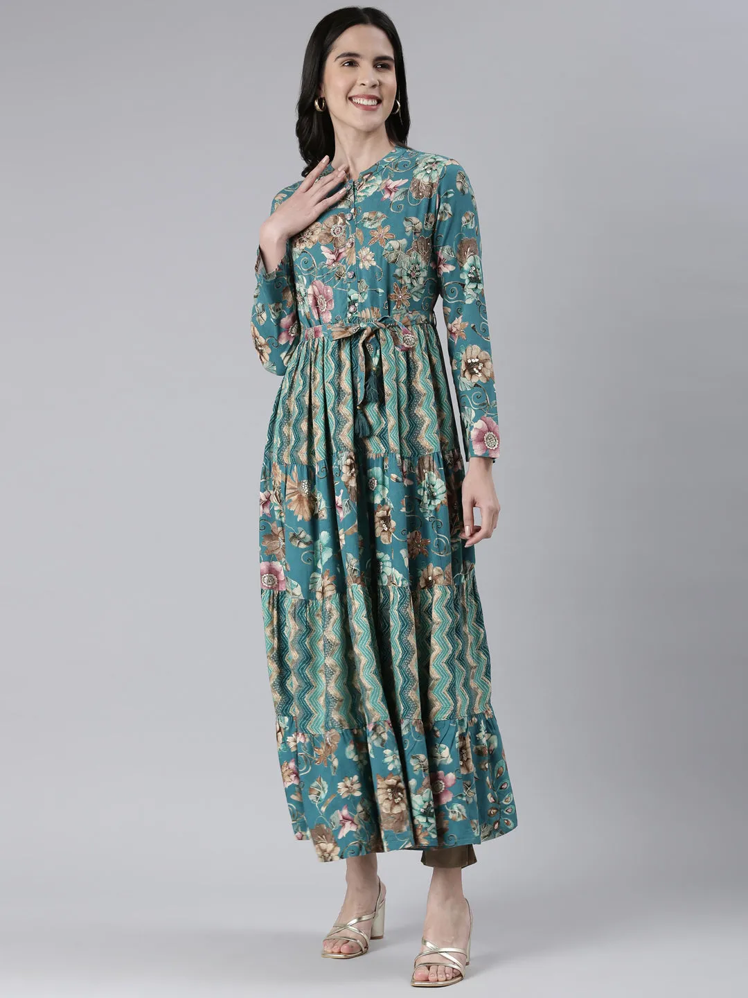 Neeru's Green Maxi Casual Printed Dresses