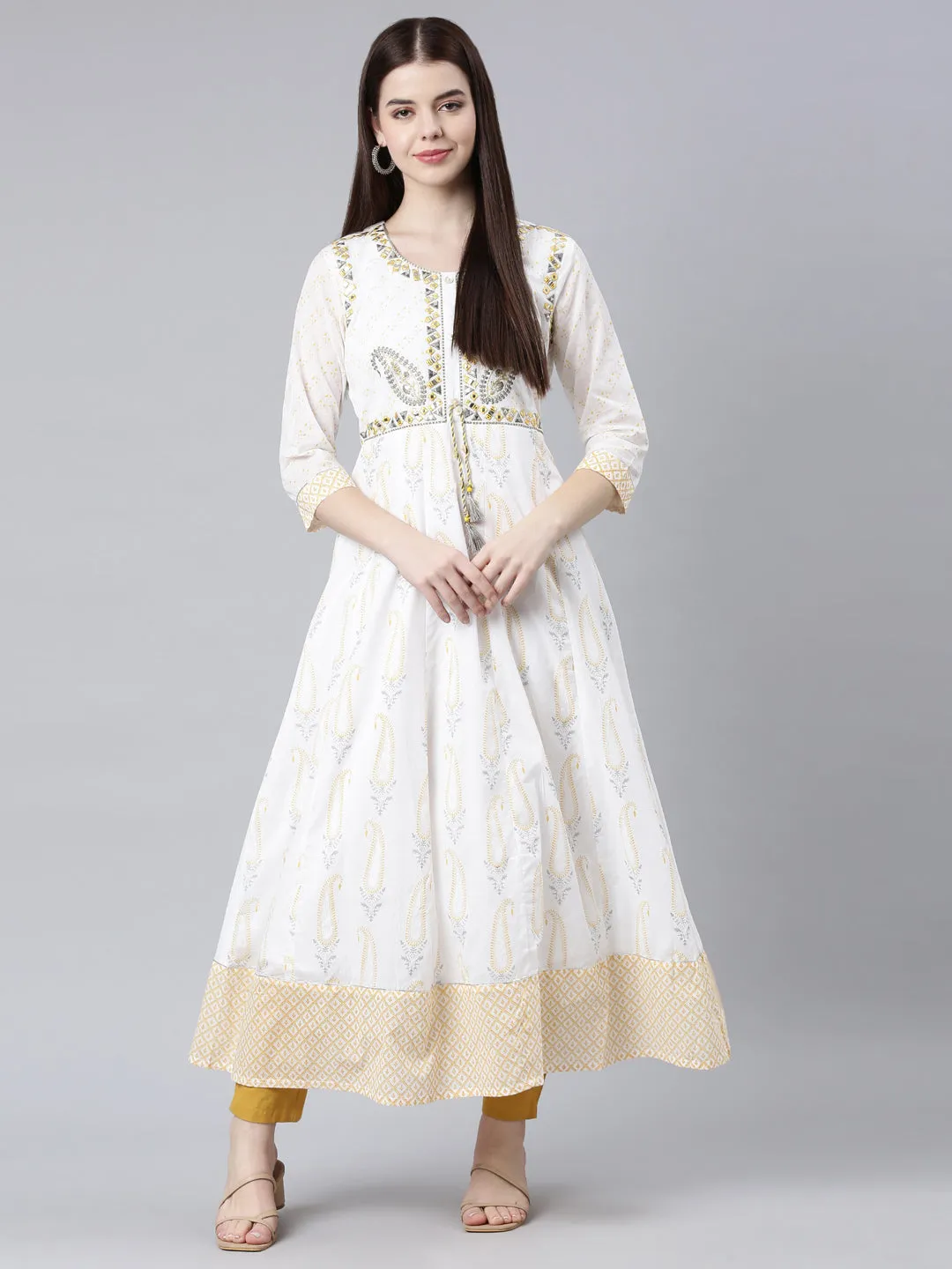 Neerus White Straight Casual Ethnic Motifs Maxi Dresses