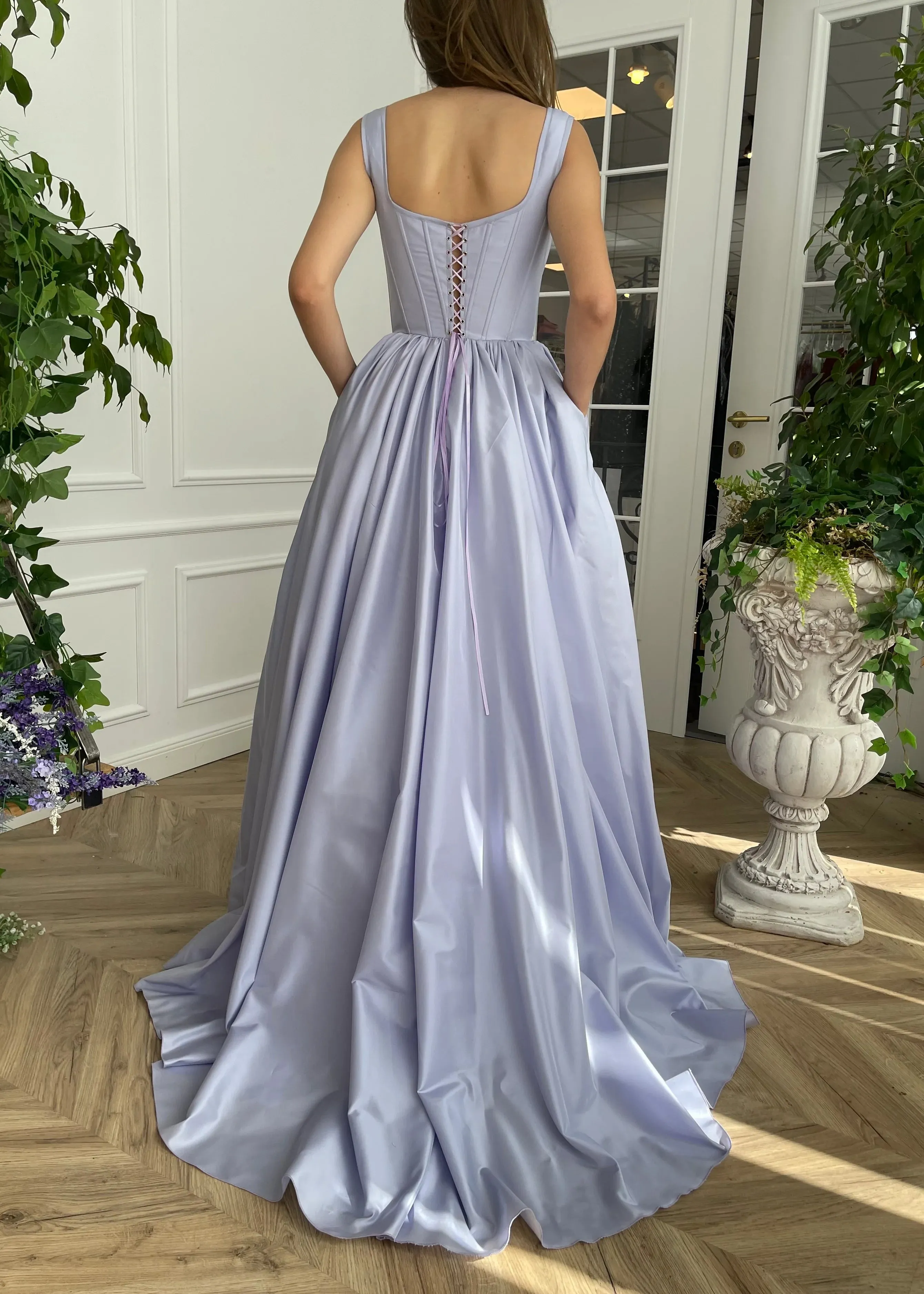 Periwinkle Skies Corset Gown Satin Ruched Sleeveless Sweep/Brush Train Dresses