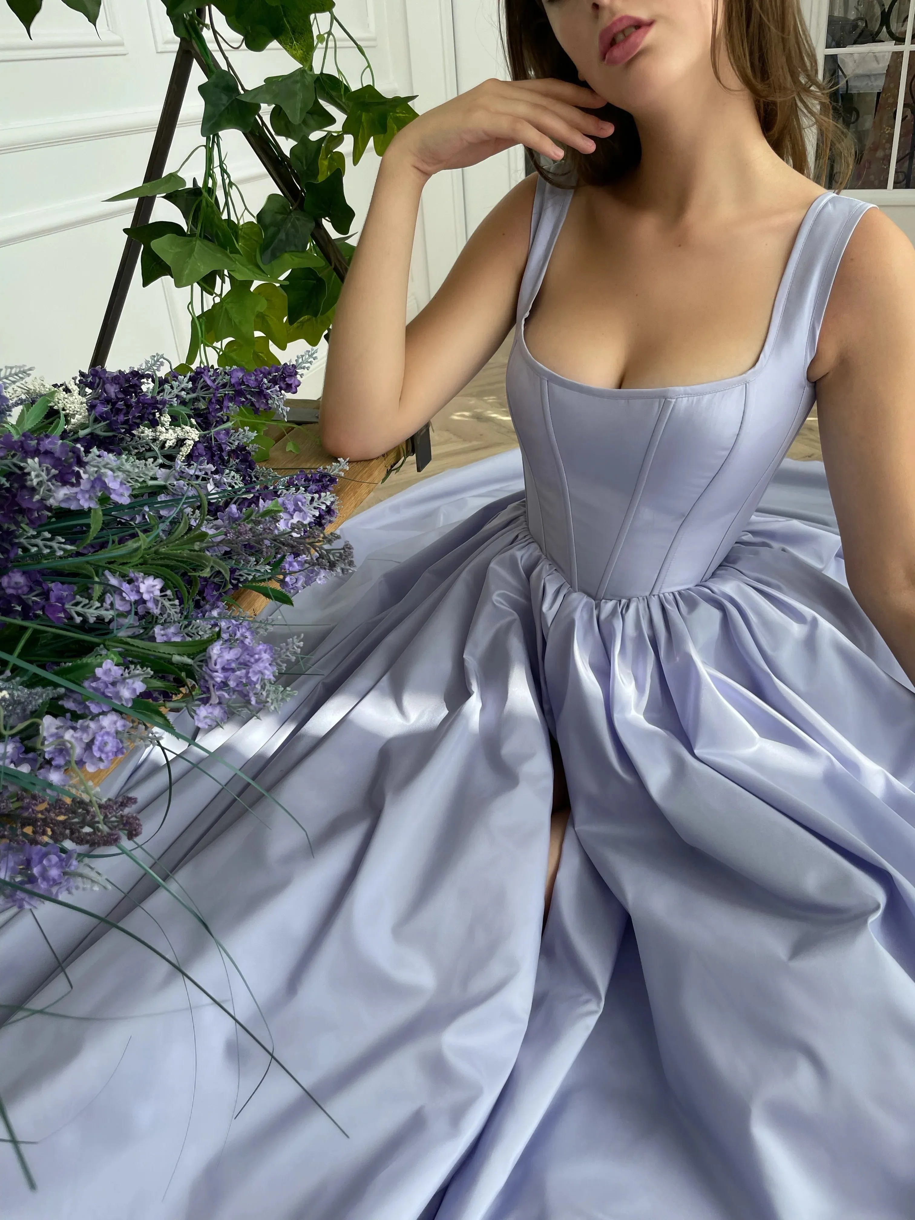 Periwinkle Skies Corset Gown Satin Ruched Sleeveless Sweep/Brush Train Dresses