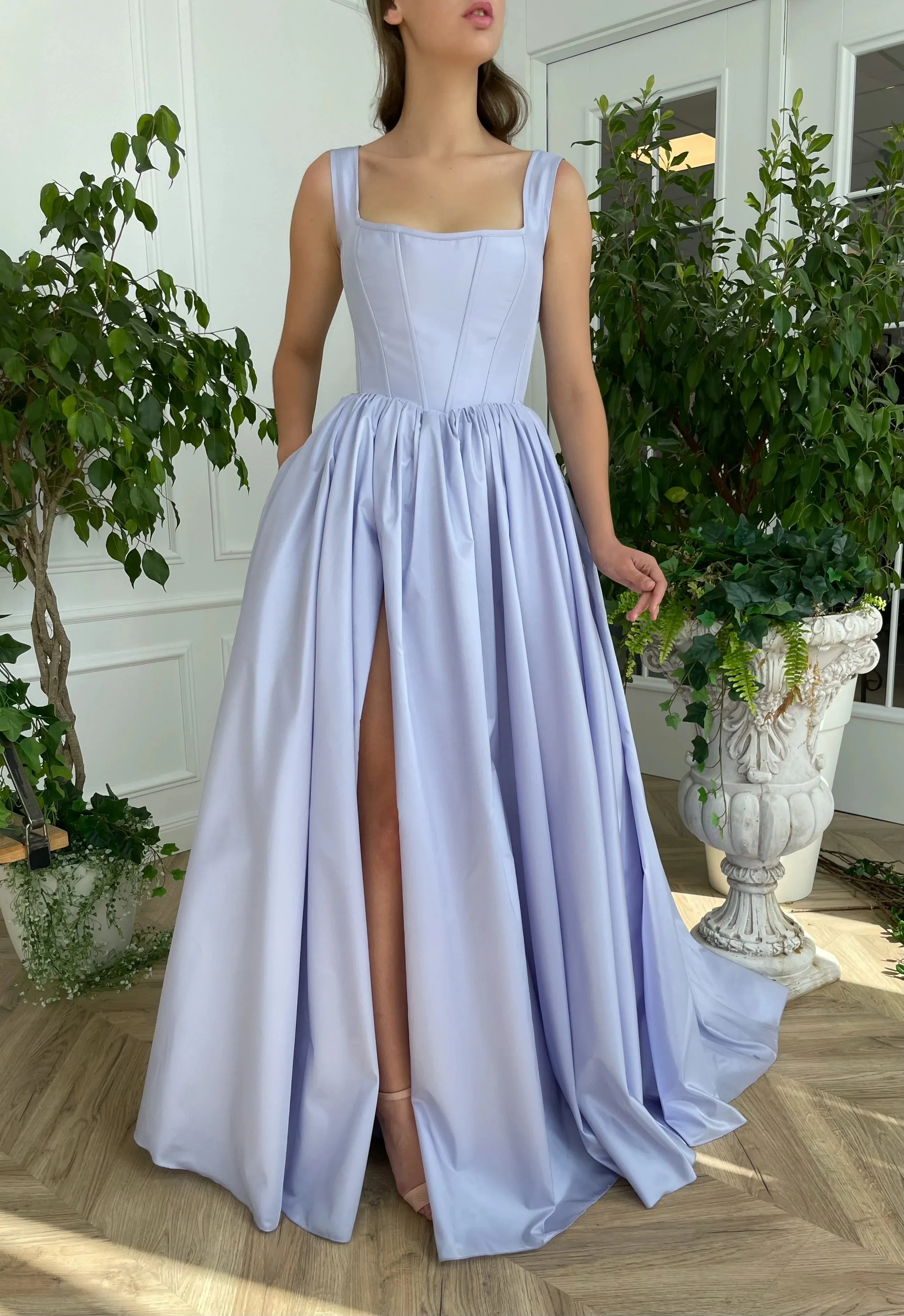 Periwinkle Skies Corset Gown Satin Ruched Sleeveless Sweep/Brush Train Dresses