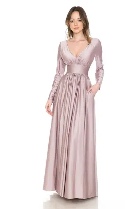 Pink Long Sleeve Ruched Top Shiny Pocketed Formal Dress