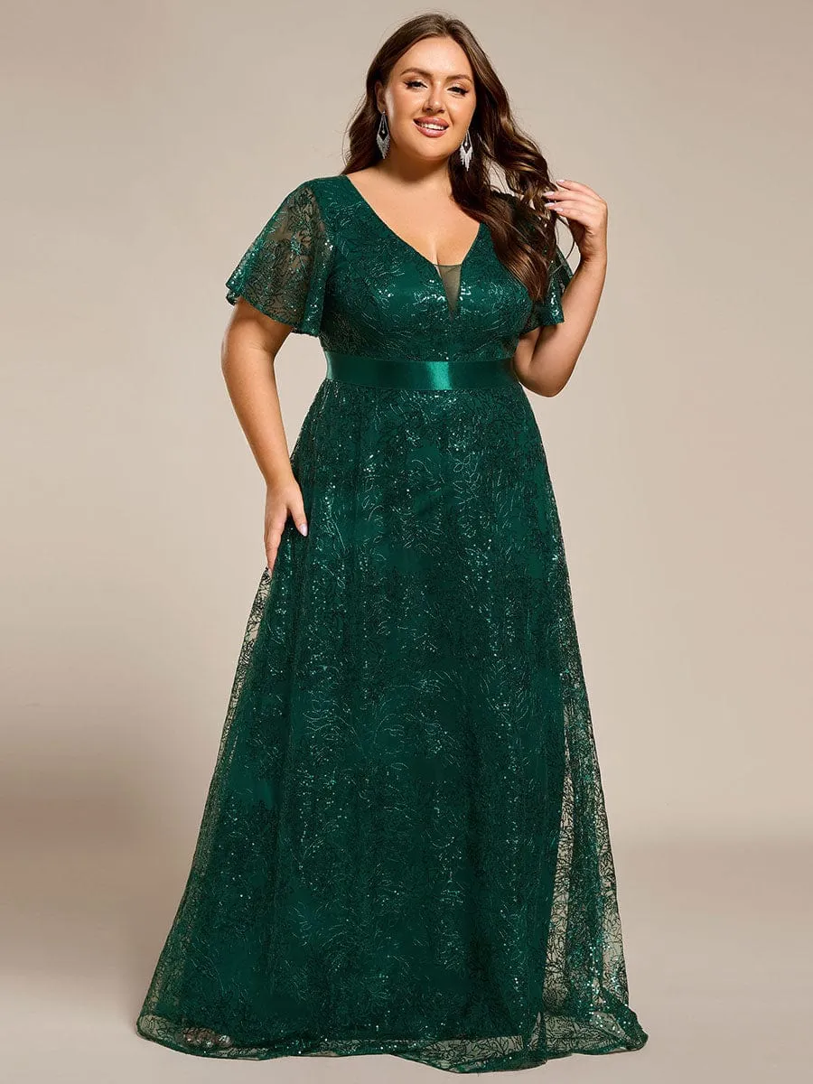 Plus Size Illusion Sequin V-neck Short Sleeve Maxi Formal Dress