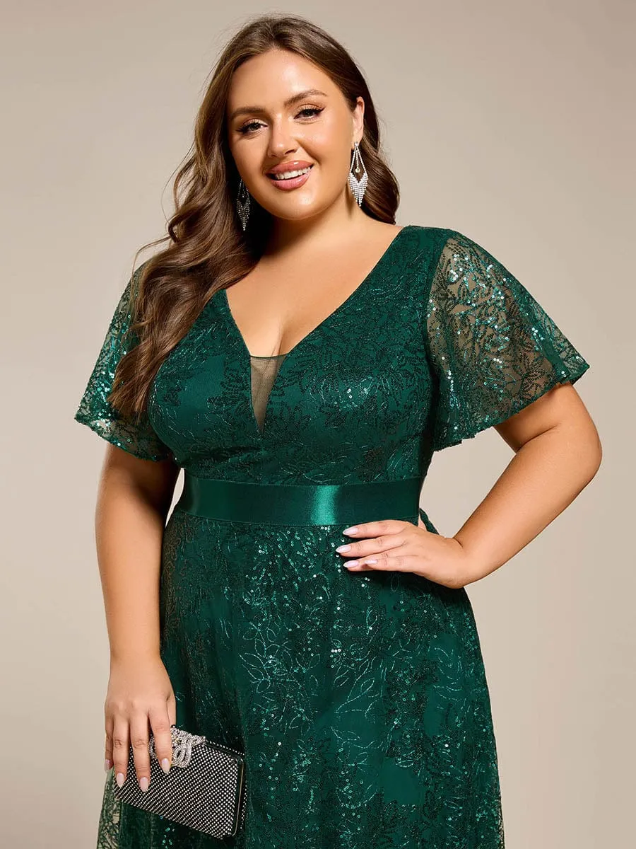 Plus Size Illusion Sequin V-neck Short Sleeve Maxi Formal Dress