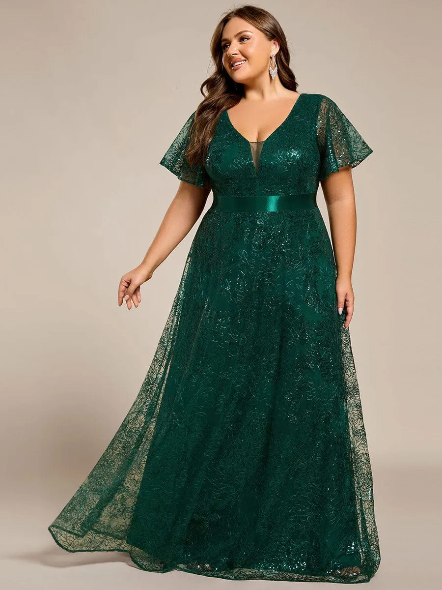 Plus Size Illusion Sequin V-neck Short Sleeve Maxi Formal Dress