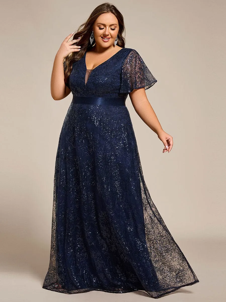 Plus Size Illusion Sequin V-neck Short Sleeve Maxi Formal Dress