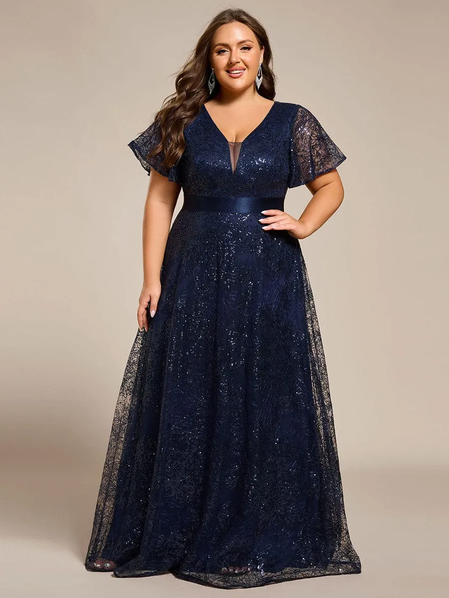 Plus Size Illusion Sequin V-neck Short Sleeve Maxi Formal Dress