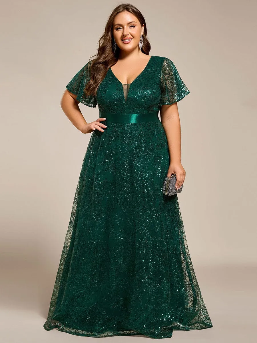 Plus Size Illusion Sequin V-neck Short Sleeve Maxi Formal Dress