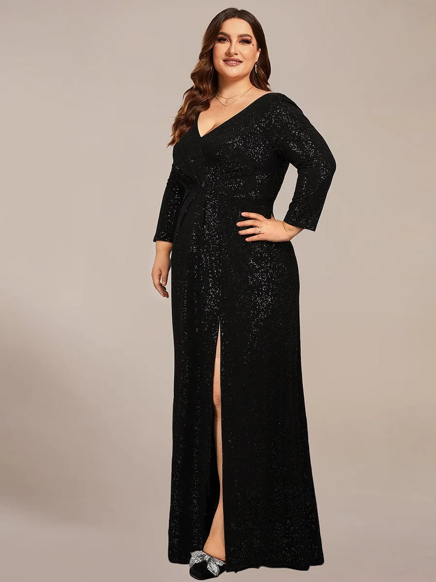 Plus Size Sparkling Long Sleeves Double V-Neck Sequin Evening Dress