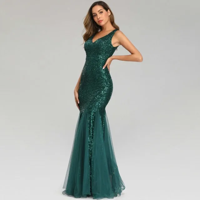 Plus Size V Neck Mermaid Cocktail Dress Long Formal Prom Party Gown Sequins Sleeveless Robe De Soriee Sexy Evening Vestido De