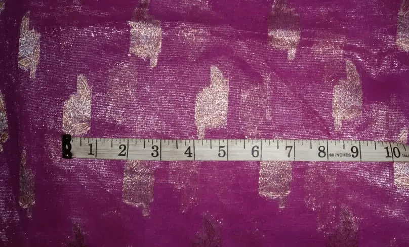 Polyester georgette fabric with metalic silver &amp; gold jacquard~Shimmering Pink colour