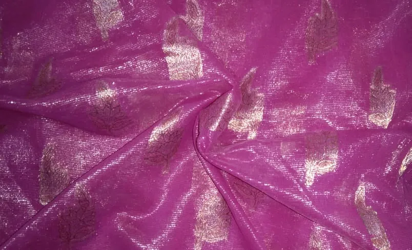 Polyester georgette fabric with metalic silver &amp; gold jacquard~Shimmering Pink colour