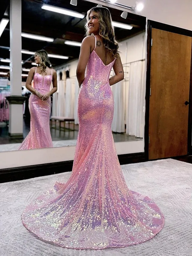 Prom Dresses Sparkle & Shine Dress Formal Court Train Sleeveless Spaghetti Strap Sequined V Back with Sequin