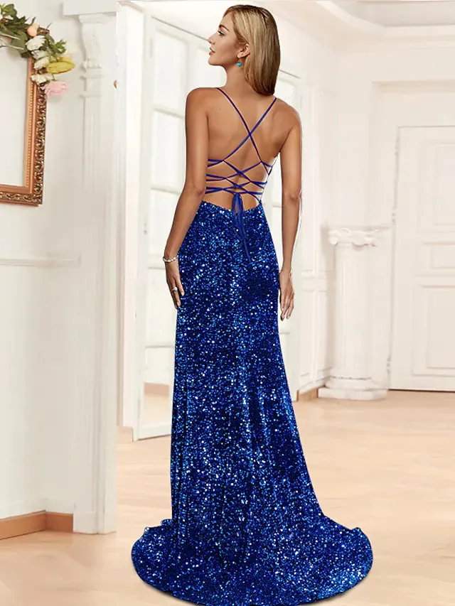 Prom Dresses Sparkle & Shine Dress Party Wear  Sleeveless Halter Sequined Backless with Sequin