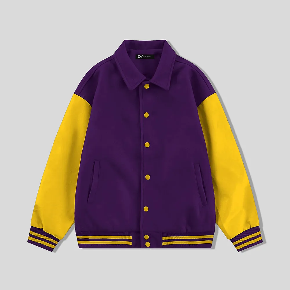 Purple Byron Collar Wool & Leather Varsity Jacket Gold Sleeves - Jack N Hoods