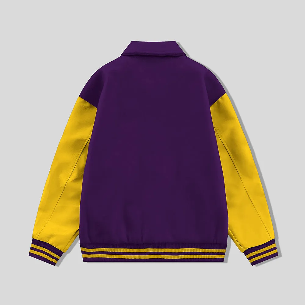 Purple Byron Collar Wool & Leather Varsity Jacket Gold Sleeves - Jack N Hoods