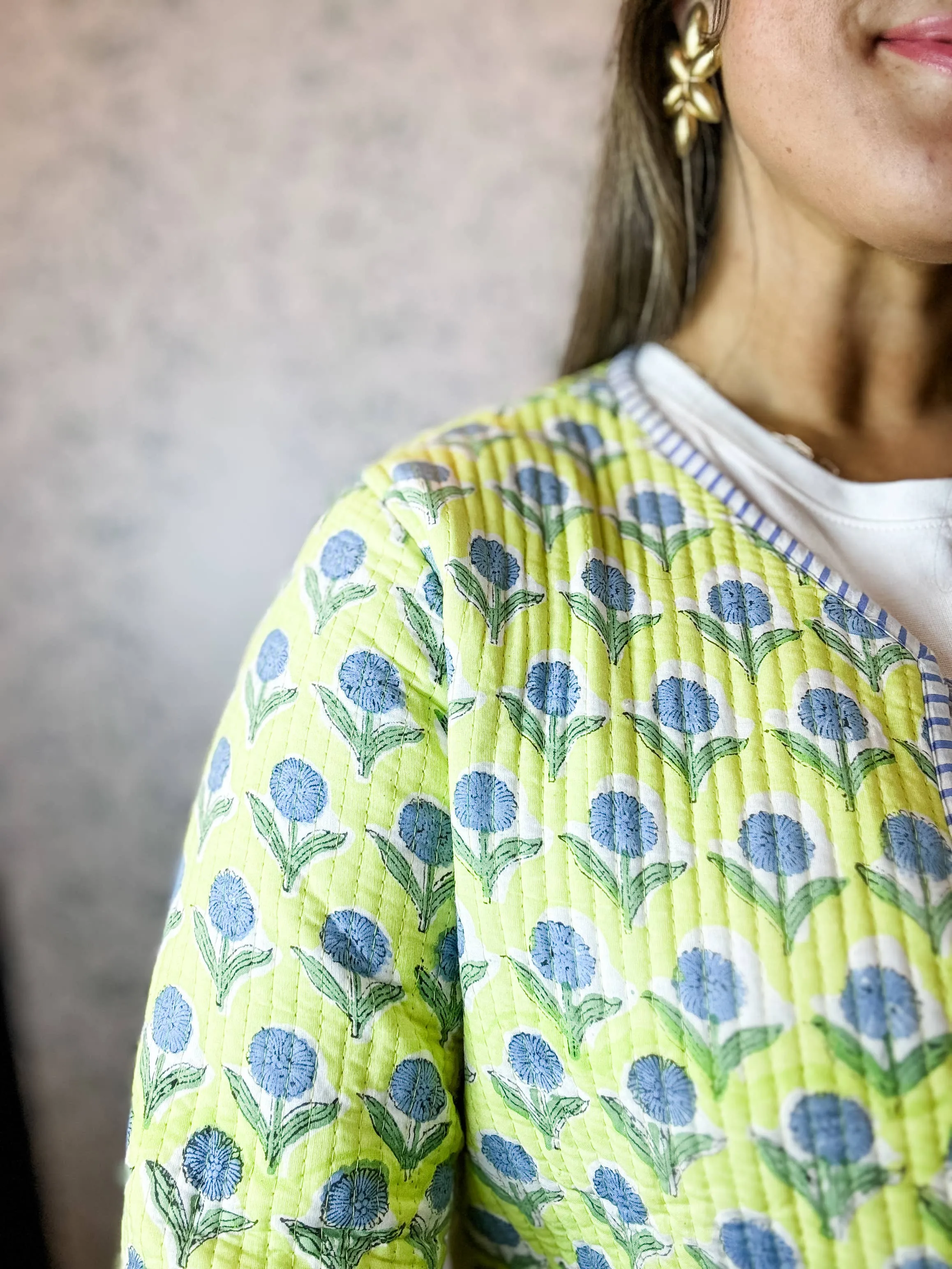 Quilted Block Print Jacket, Blue & Lime