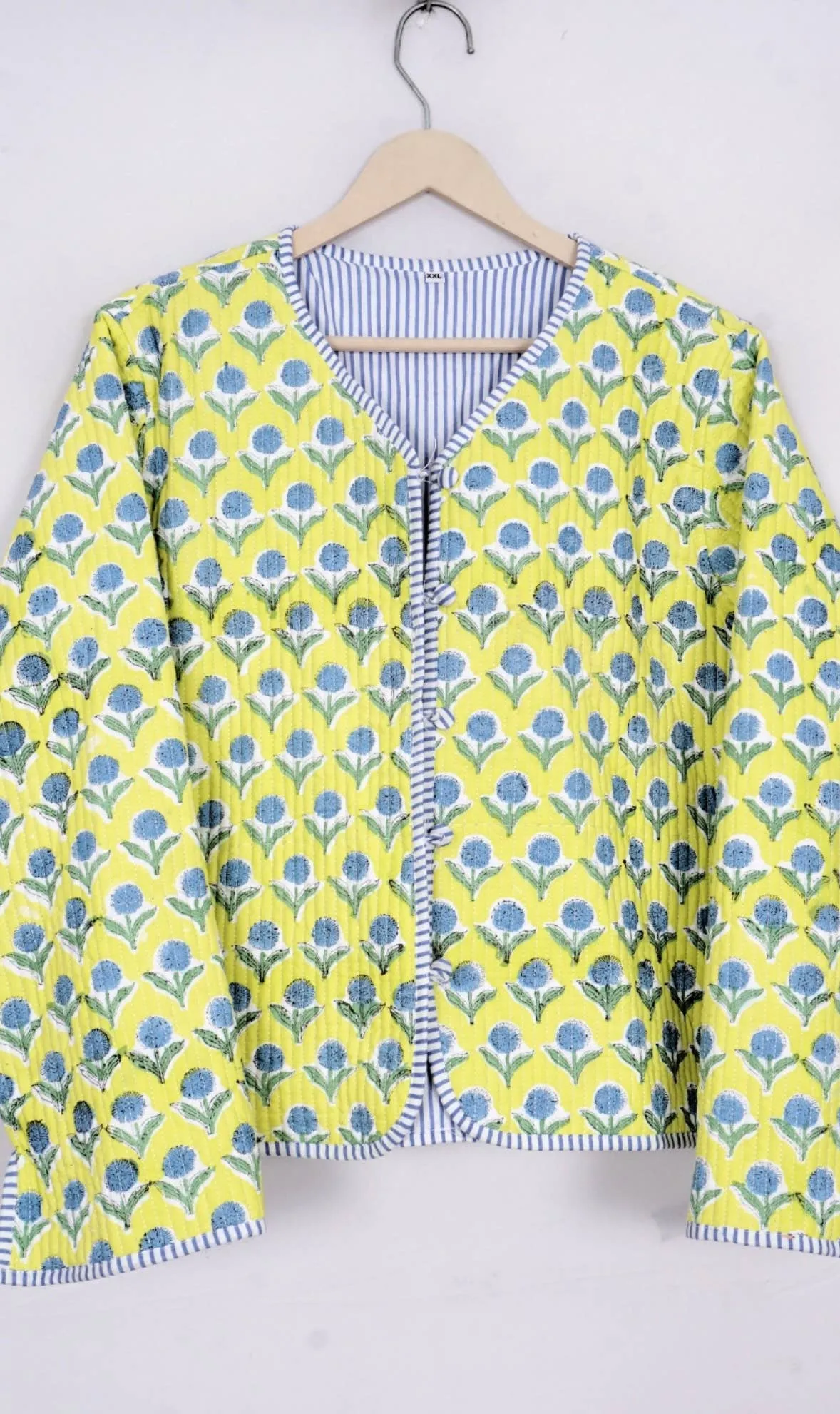 Quilted Block Print Jacket, Blue & Lime