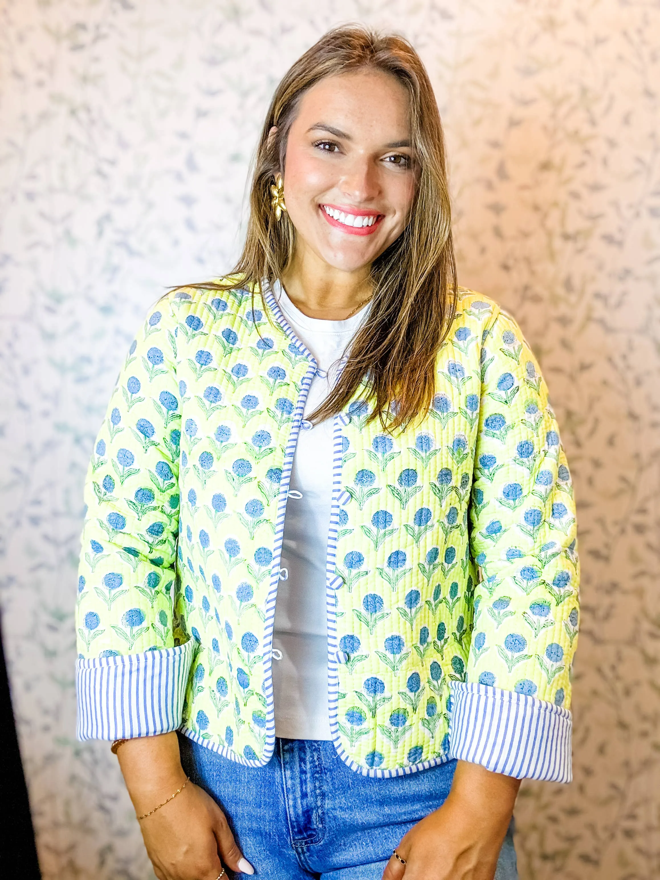 Quilted Block Print Jacket, Blue & Lime