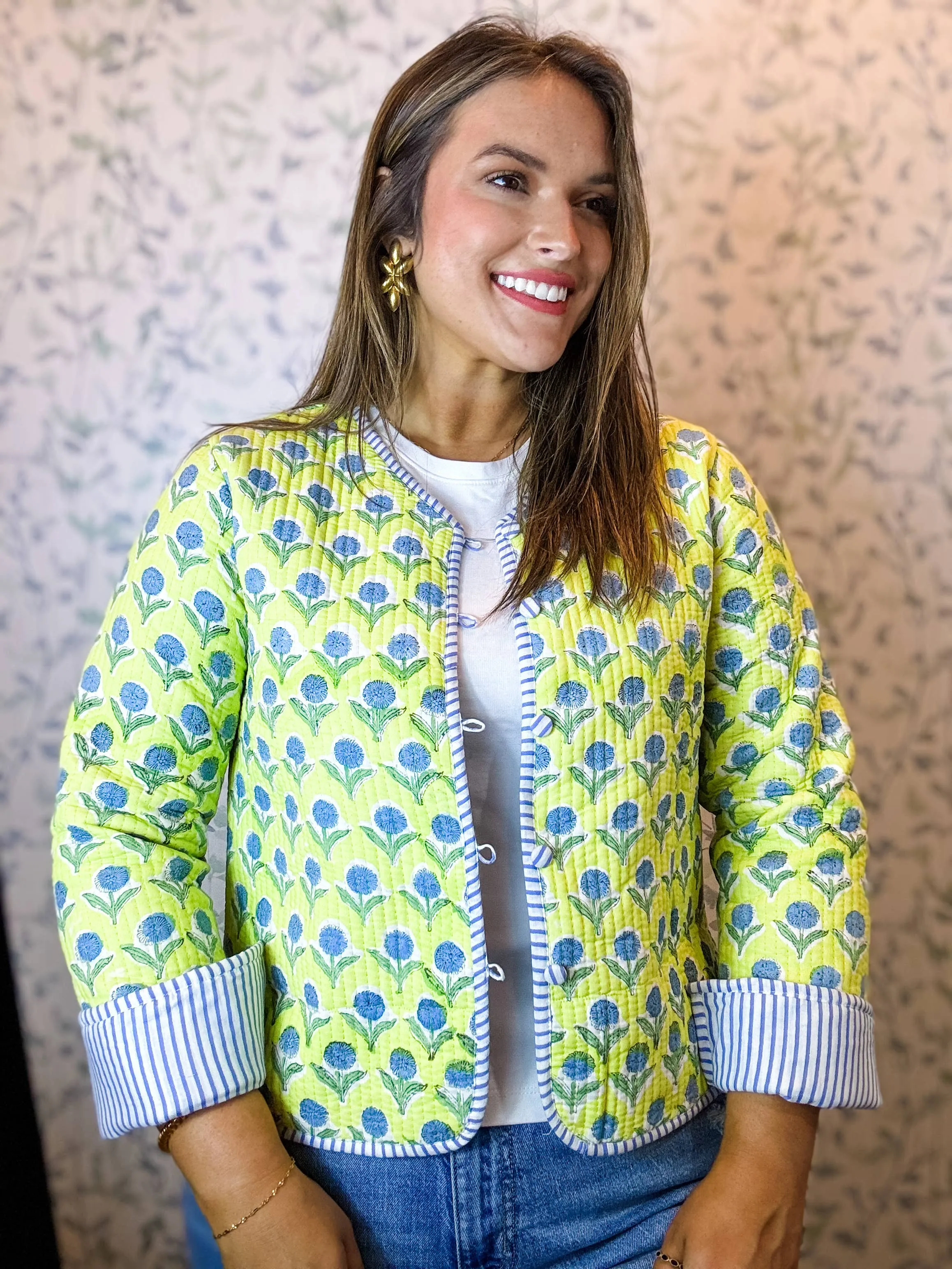 Quilted Block Print Jacket, Blue & Lime