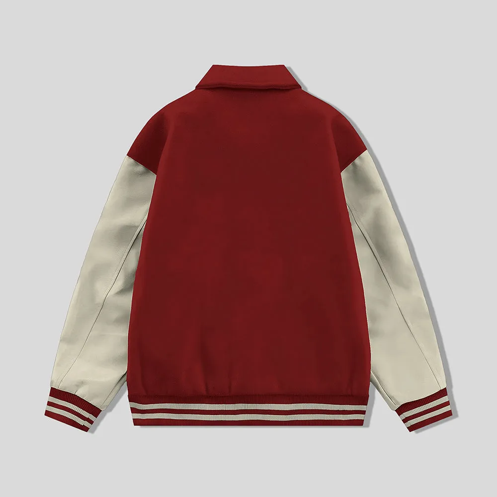 Red Byron Collar All Wool Varsity Jacket Cream Sleeves - Jack N Hoods