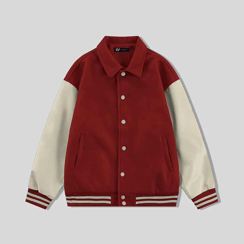 Red Byron Collar All Wool Varsity Jacket Cream Sleeves - Jack N Hoods