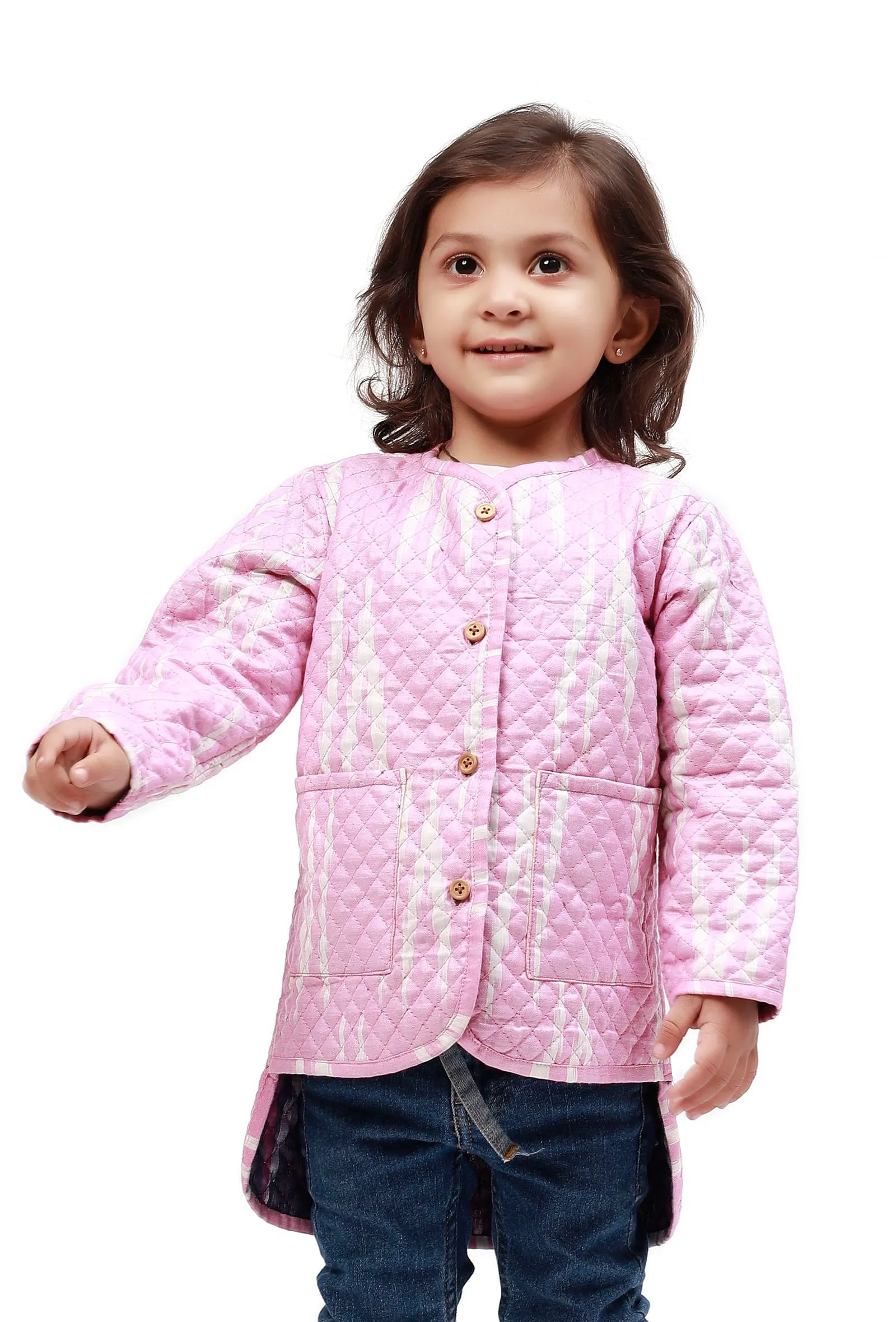 Rose Pink Ikkat Weave Quilted Reversible Jacket