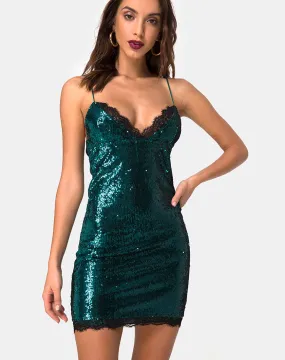 Roxini Dress in Mini Sequin Teal with Black Lace