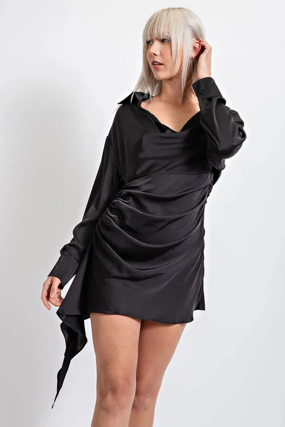 Satin Cowl Neck Ruched Detail Long Sleeve Mini Dress Black