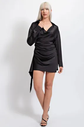 Satin Cowl Neck Ruched Detail Long Sleeve Mini Dress Black